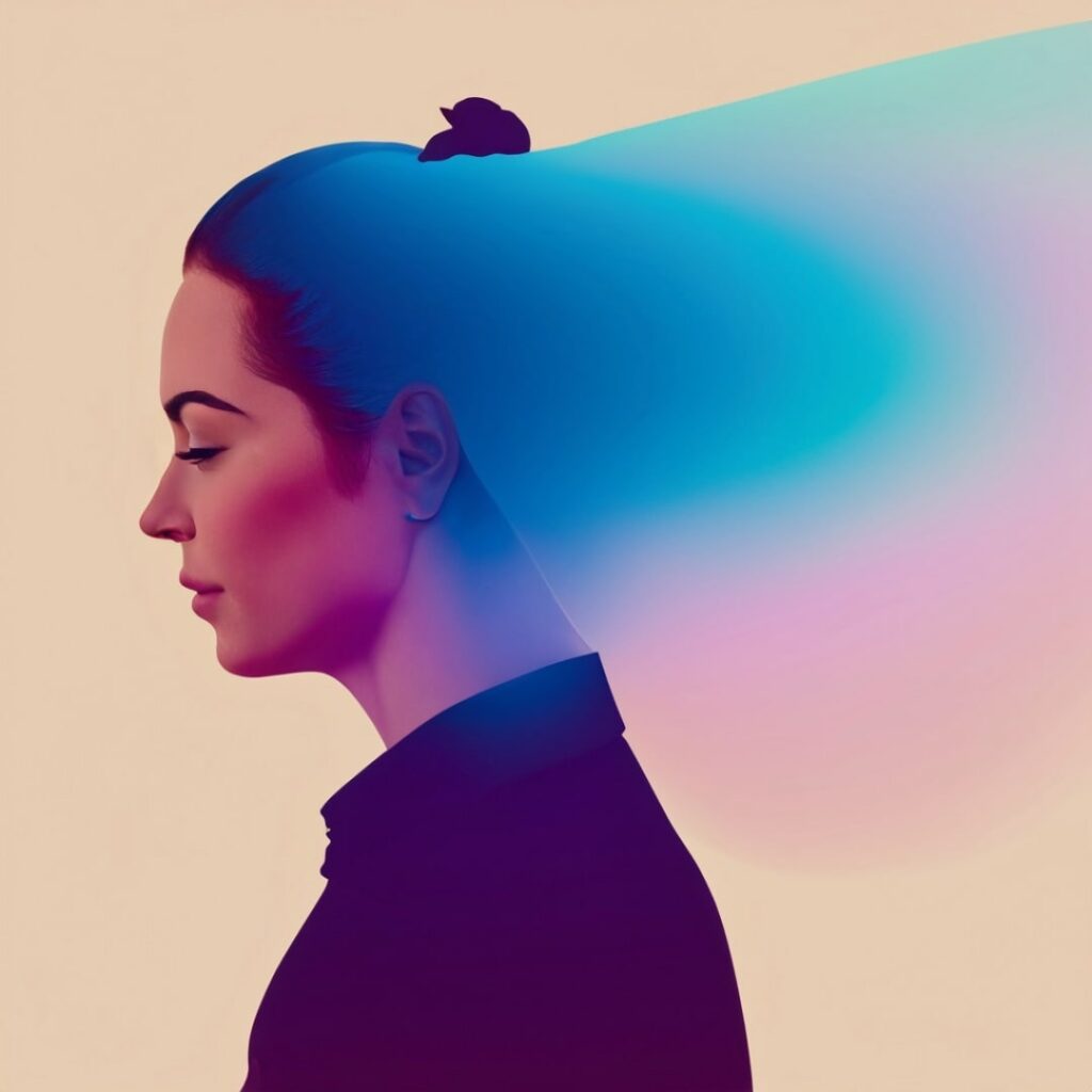 Une femme détendue ,de profil, épaule et tête d'où s'échappent un dégradé de couleurs bleu mauve rose représentant les énergies.